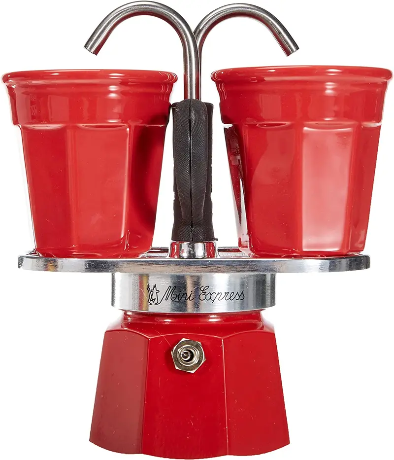 Bialetti Mini Express Set – 2-Cup Espresso Maker + Two Traditional Cups (Red) 1