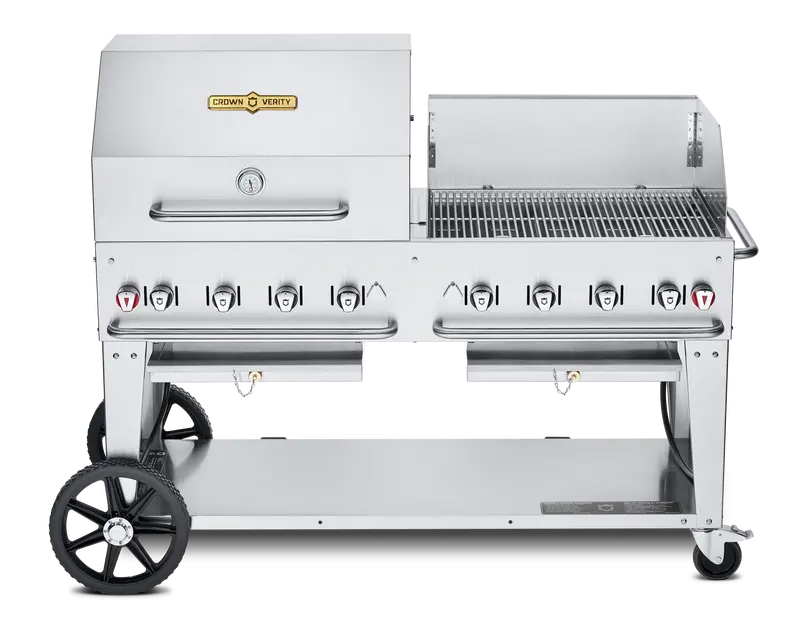 Crown Verity 60" Mobile Gas Grill – 30" Roll Dome, Bun Rack, 30" Windguard 1