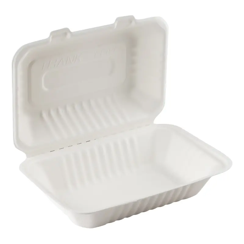 Eco-Packaging Heavy-Duty Compostable Sugarcane Clamshell – 9" × 6", White (200 Ct) 1