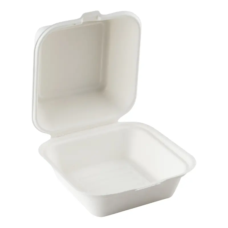 Eco-Packaging Small Square Compostable Sugarcane Clamshell – White (500 Ct) 1