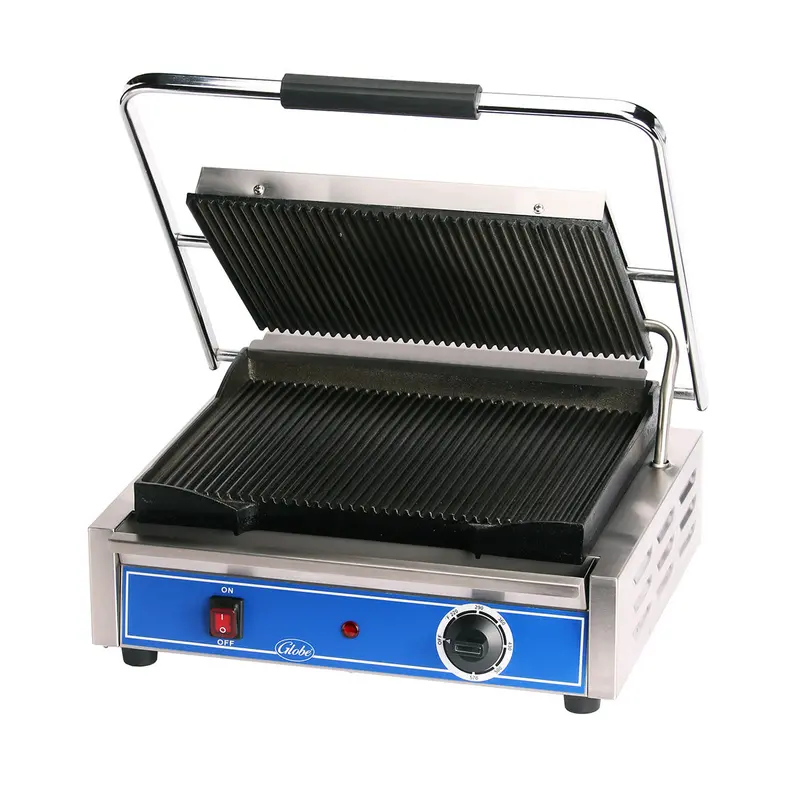 Globe Cast Iron Panini Grill – Grooved-Plate, 14" × 10", Ideal For Grill Marks And Texture 1