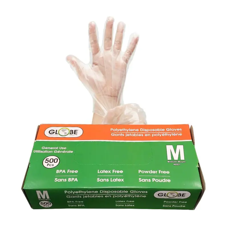 Globe Powder-Free Polyethylene Gloves – Clear, 500-Count Dispenser Box 1