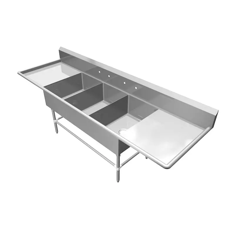 Gsw Shh20283D Stainless Steel 3-Compartment Bakery Sink – 100" × 34", Dual Faucet Holes & Drainboards 1
