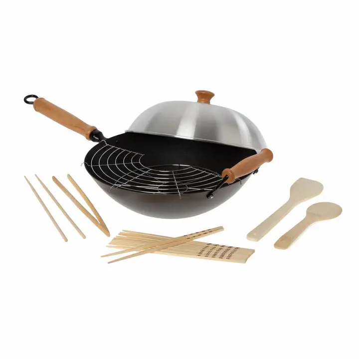 Joyce Chen 10-Piece Nonstick Flat-Bottom Wok Cookware Set – 14-Inch, Carbon Steel & Maple 1