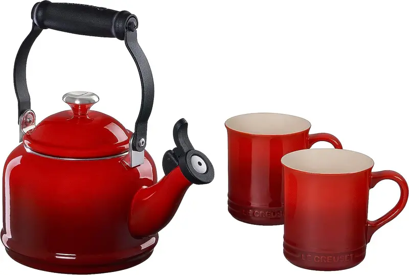 Le Creuset 1.25-Quart Demi Kettle + Two 14-Ounce Mugs Set In Cerise Red 1
