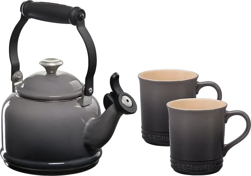 Le Creuset 1.25-Quart Demi Kettle + Two 14-Ounce Mugs Set In Oyster White 1