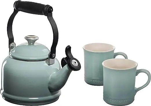 Le Creuset 1.25-Quart Demi Kettle + Two 14-Ounce Mugs Set In Sea Salt Gray 1