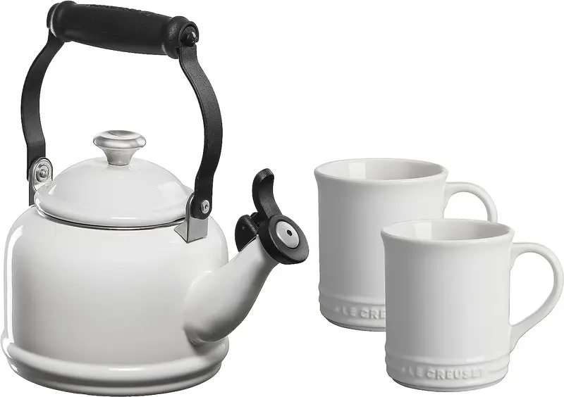 Le Creuset 1.25-Quart Demi Kettle + Two 14-Ounce Mugs Set In White 1