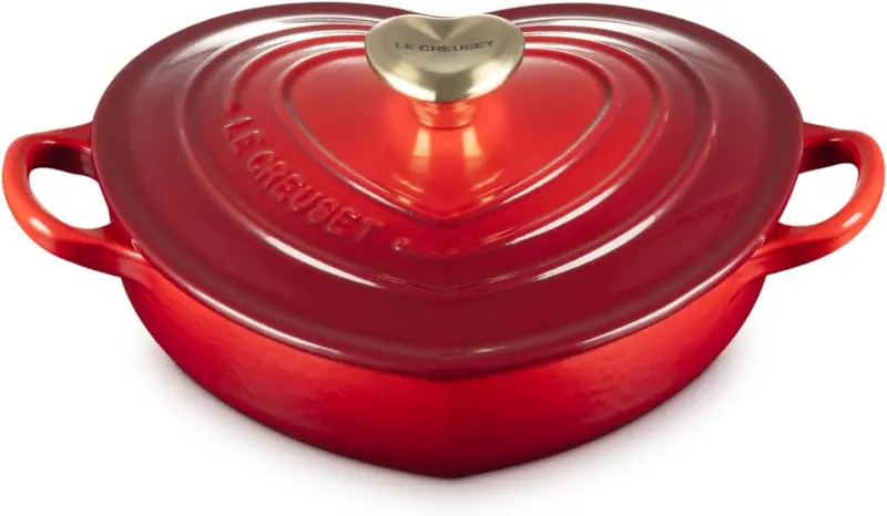 Le Creuset 1.25-Quart Shallow Heart Cocotte – Cerise Red With Light Gold Heart Knob 1