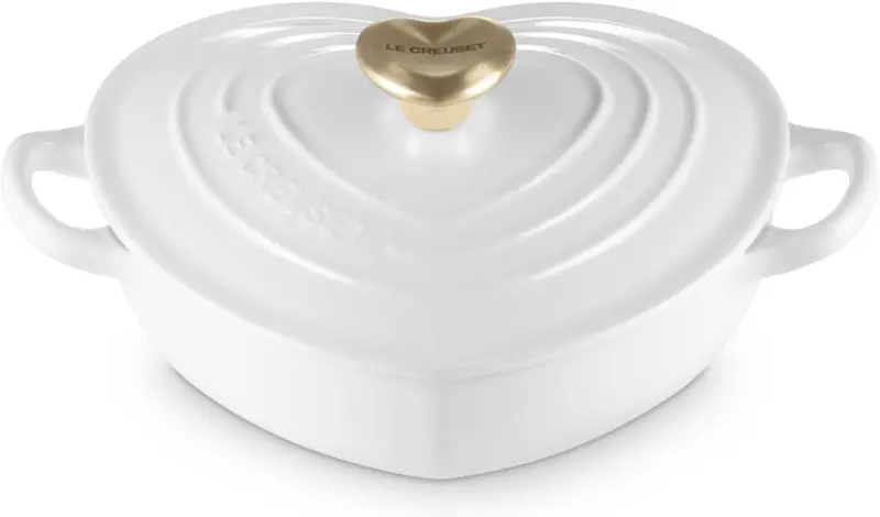 Le Creuset 1.25-Quart Shallow Heart Cocotte – White With Light Gold Heart Knob 1