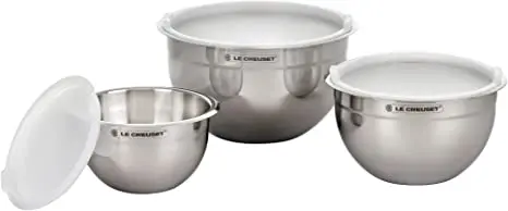 Le Creuset 3-Piece Stainless Steel Nesting Mixing Bowl Set With Silicone Bases & Airtight Lids 1