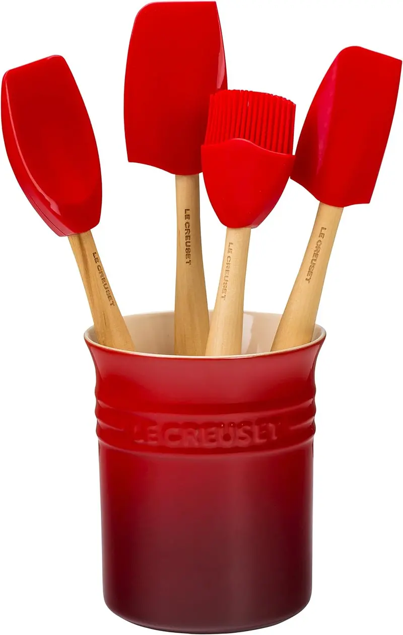 Le Creuset Craft Series 5-Piece Utensil Set In Cerise – Premium Silicone Tools With Matching Crock 1