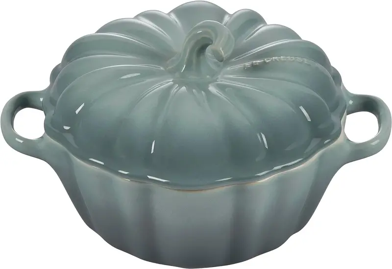 Le Creuset Sea Salt Stoneware Pumpkin Figural 12 Oz Petite Cocotte 1