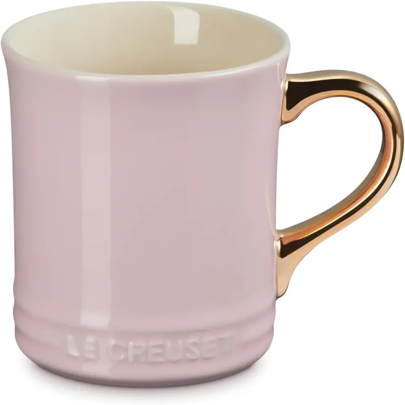 Le Creuset Vancouver Mug – 14 Oz, Gold Metallic Handle, Chiffon Pink 1