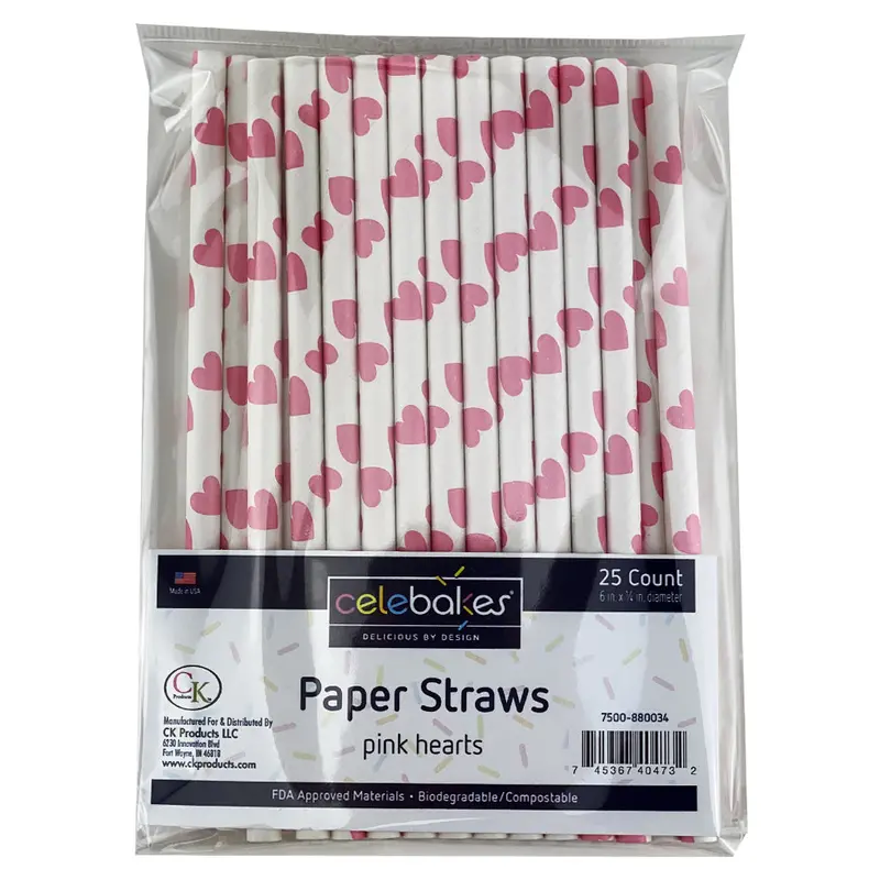 Pink Heart-Printed Paper Straws – 6-Inch, Pack Of 25 1