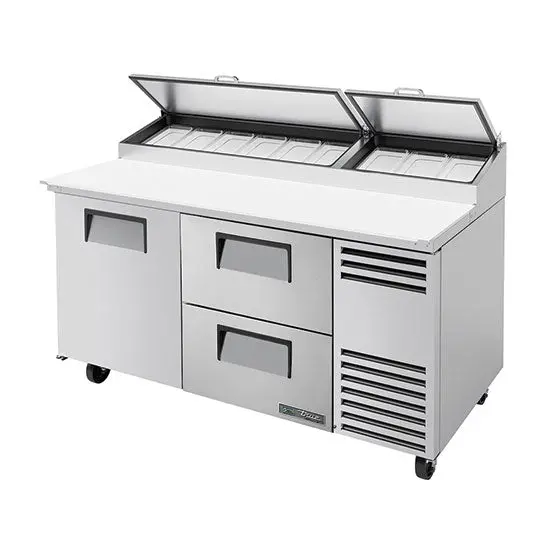 True Tpp-At-67D-Hc Angled Pizza & Deli Prep Table — 67" Wide, Single Door, Dual Drawers 1