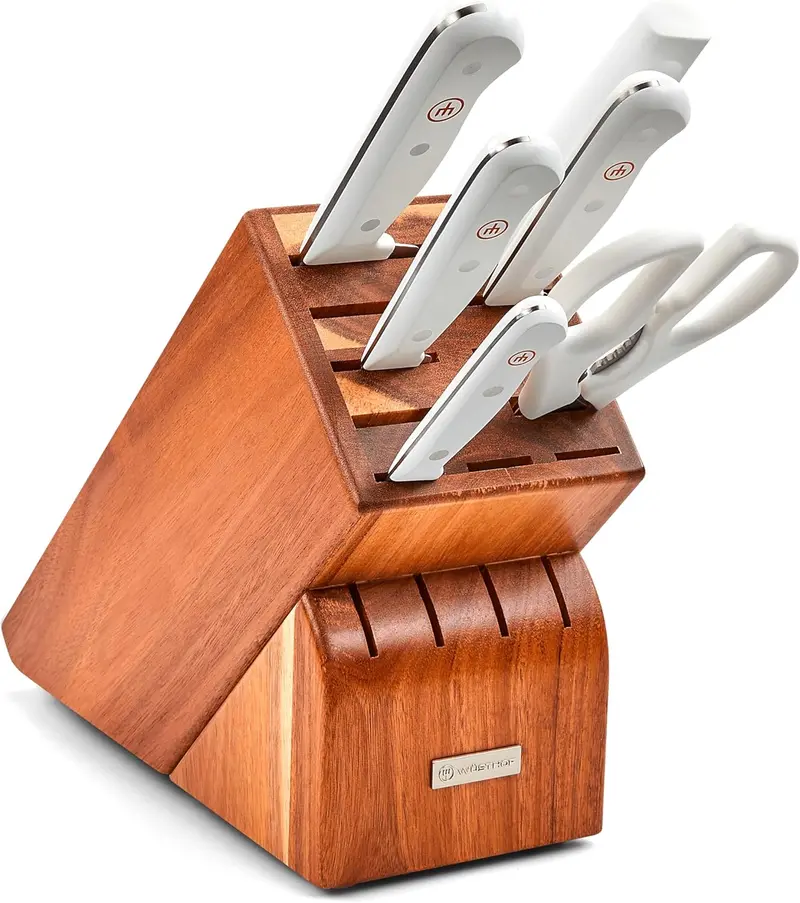 Wusthof Gourmet White 7-Piece Knife Block Set – Acacia Wood Stand Included 1